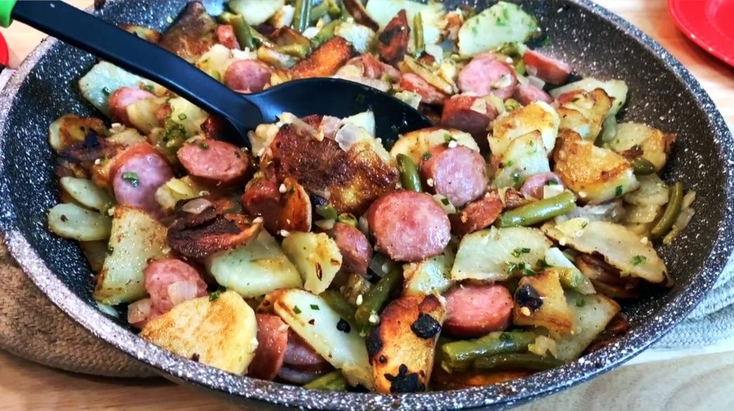 Home Fried Potatoes and Sausage in skillet