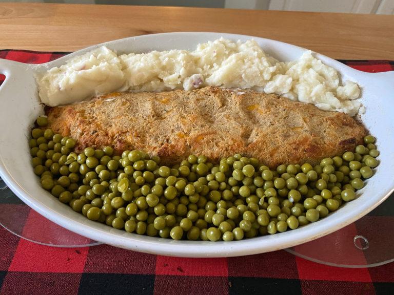 Baked Salmon Loaf with Mashed Potatoes and Peas