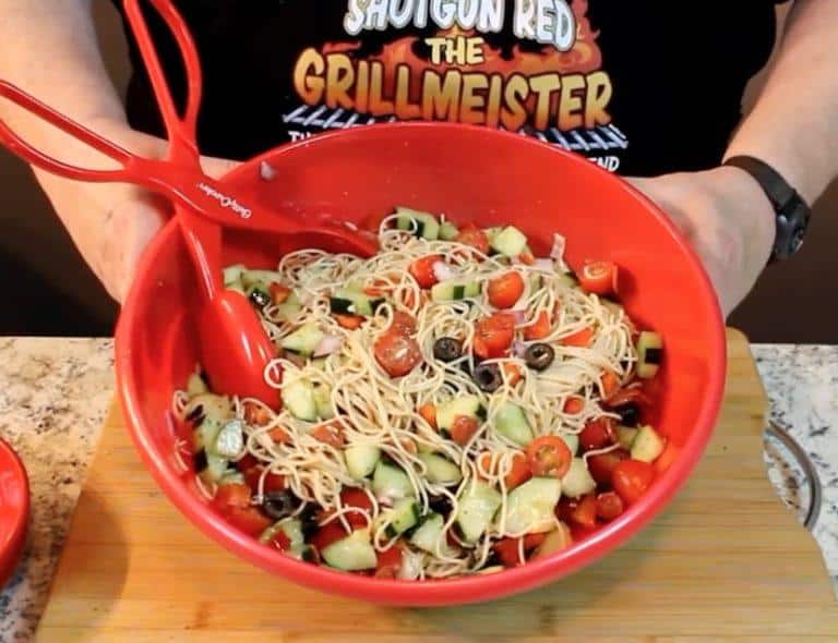 Italian Pasta Salad recipe in red bowl