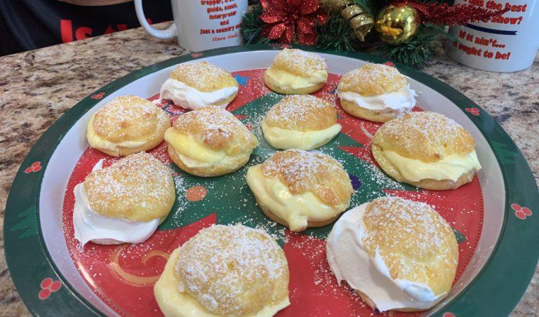 Homemade Cream Puffs on a Christmas Platter