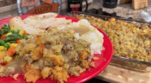 Cornbread Sausage Stuffing on a red plate